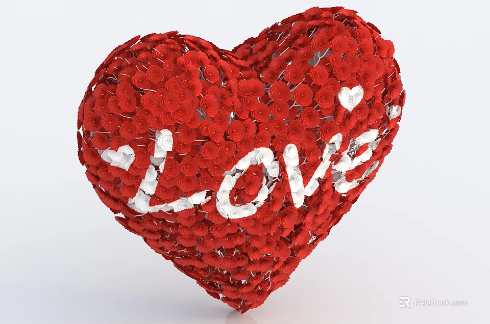 Red Heart Decorative Ornament With Love Text And Floral Details 3d model 