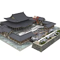 Ancient Architecture Traditional Courtyard Design With Black Tiled Roof Pond Stones And Red Tree
