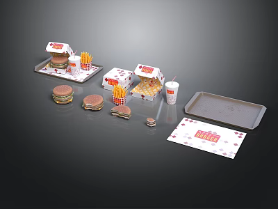 Fast Food Assortment Including Hamburgers Fries Drink And Packaging On Tray 3d model