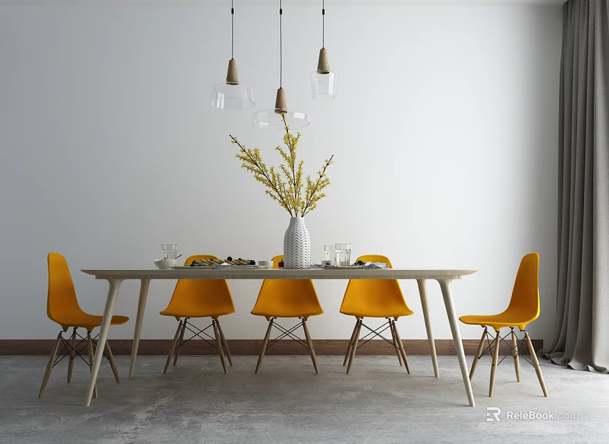 Dining Table Set With Yellow Chairs White Vase And Hanging Pendant Lights 3d model