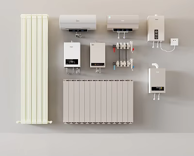 Various Home Heating Radiators Including White Gray Wall Mounted Devices And Accessories 3d model