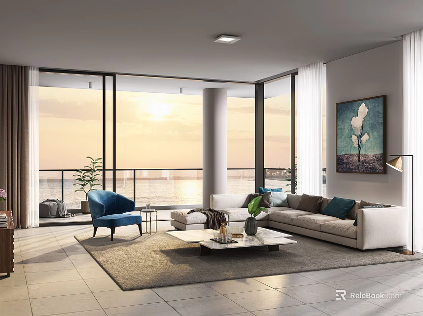 Modern Living Room Interior With Floor to Ceiling Windows Sea View Sofa And Blue Chair 3d model 