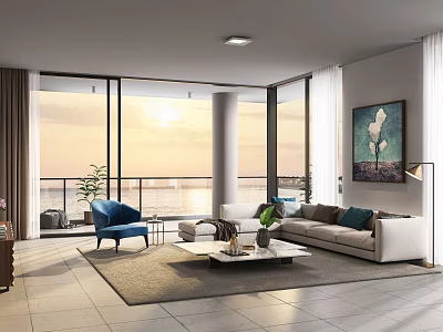 Modern Living Room Interior With Floor to Ceiling Windows Sea View Sofa And Blue Chair 3d model