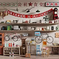 Nostalgic Vintage Decorative Ornaments Set With Old Canteen Appliances Bicycles And Retro Posters