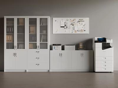 Office Interior Featuring Gray Wall White Filing Cabinets Glass Doors Drawers Bulletin Board And Printer 3d model