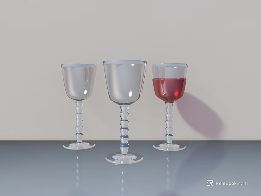 Three Transparent Wine Glasses With Spiral Stems One Filled Red Liquid On Gray Smooth Surface 3d model 