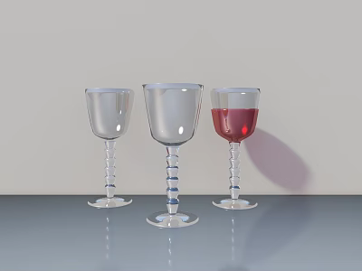 Three Transparent Wine Glasses With Spiral Stems One Filled Red Liquid On Gray Smooth Surface 3d model