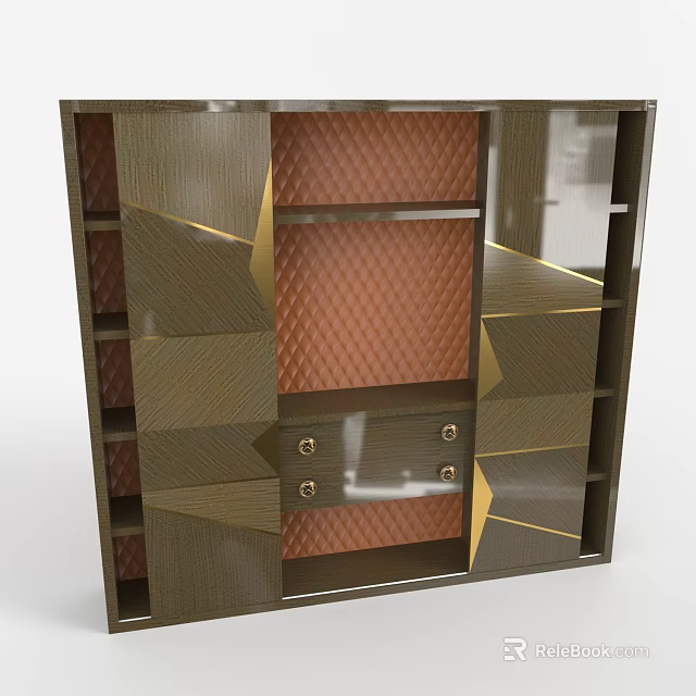 Elegant Modern Bookcase With Gold Geometric Accents Diamond Pattern Panels And Drawer Handles 3d model 