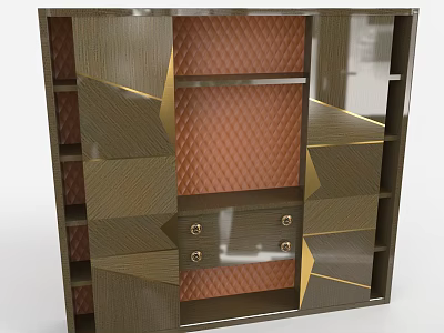 Elegant Modern Bookcase With Gold Geometric Accents Diamond Pattern Panels And Drawer Handles 3d model
