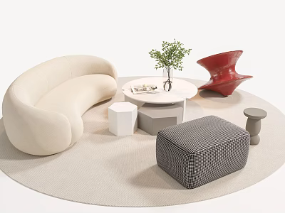 Curved Sofa And Round Coffee Table Set With Green Plant Red Sculpture Gray Woven Ottoman 3d model