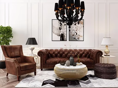 Classic Brown Leather Sofa And Round Coffee Table Set With Armchair Rug And Wall Art 3d model