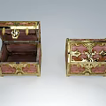 Two Ornate Decorative Chests Featuring Gold Accents And Pink Panels One Open One Closed