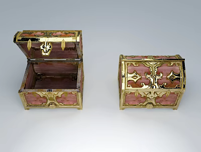 Two Ornate Decorative Chests Featuring Gold Accents And Pink Panels One Open One Closed 3d model