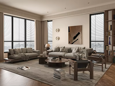Modern Living Room Interior Design With Sofa Coffee Table Rug And Wooden Blinds 3d model