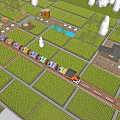 Rural Landscape With Neat Farmlands Train Tracks Colorful Train Carriages Farmhouses And Trees