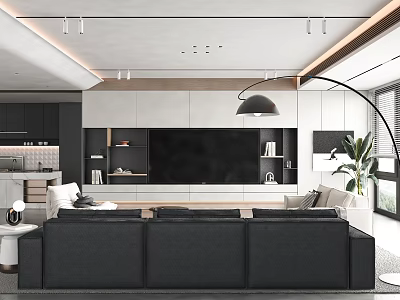 Modern Living Room Interior Design With Black Sofa TV Wall And White Cabinets 3d model