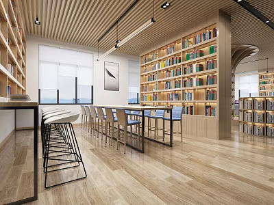 Book Art Interior Design With Wooden Bookshelves Reading Tables And Large Windows 3d model