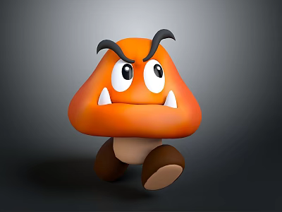 Orange Mushroom Cartoon Character with Angry Eyebrows Sharp Teeth and Walking Pose Design 3d model