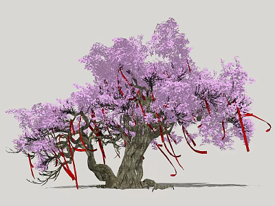 Large Ornamental Tree with Purple Blossoms and Red Ribbons on Brown Trunk 3d model