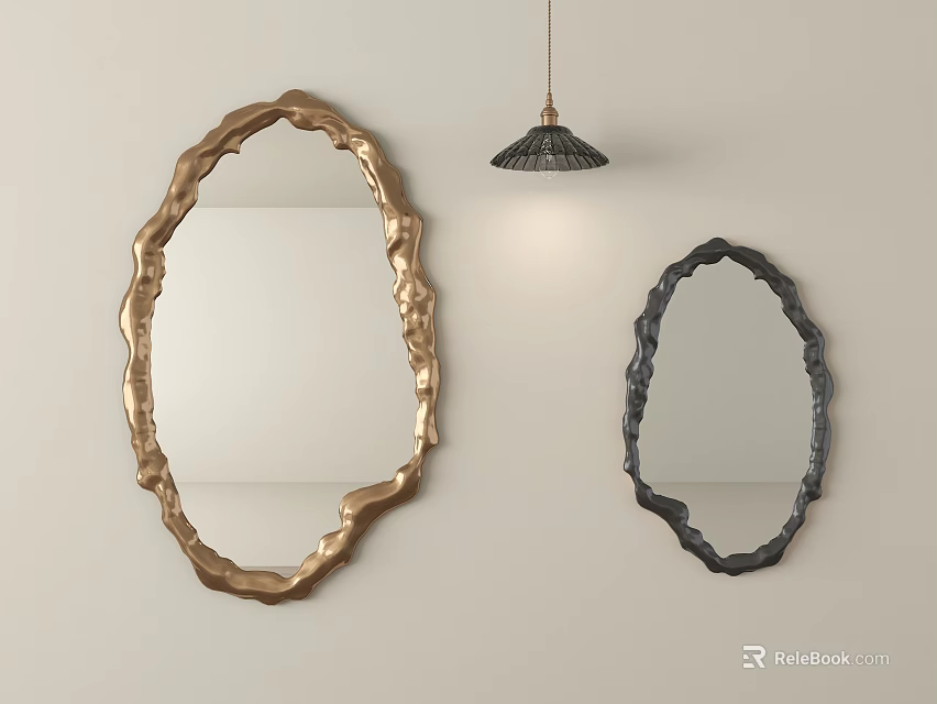 Decorative Mirrors with Gold and Black Irregular Textured Frames on Light Wall and Pendant Light 3d model 