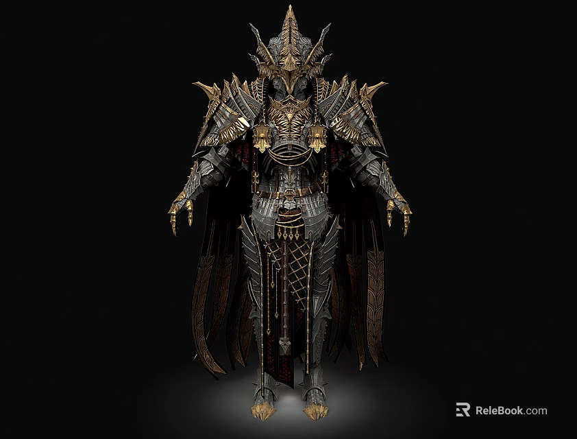 Man in Intricate Medieval Fantasy Armor with Spiked Helmet Golden Accents and Flowing Cloak 3d model 
