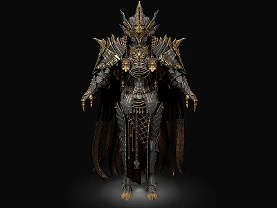 Man in Intricate Medieval Fantasy Armor with Spiked Helmet Golden Accents and Flowing Cloak 3d model