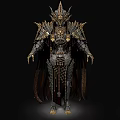 Man in Intricate Medieval Fantasy Armor with Spiked Helmet Golden Accents and Flowing Cloak
