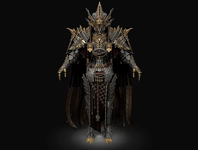 Man in Intricate Medieval Fantasy Armor with Spiked Helmet Golden Accents and Flowing Cloak 3d model