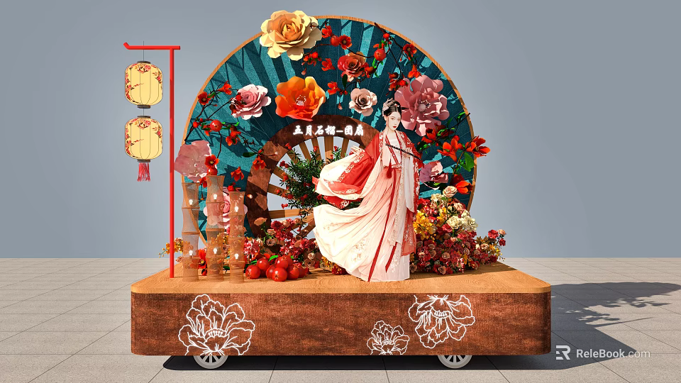 Floral Art Display Featuring Traditional Costume Figure Red Lanterns Peonies on Wooden Carved Base 3d model 