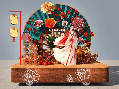 Floral Art Display Featuring Traditional Costume Figure Red Lanterns Peonies on Wooden Carved Base 3d model