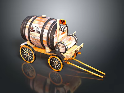 Vintage Wooden Wine Barrel Cart With Decorative Wheels And Handle 3d model
