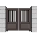 Modern Double Dark Brown Gate With Vertical Slats And White Stone Pillars 3d model