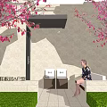 Entrance Gate Surrounded by Pink Flowering Trees Green Lawn Stone Path and Bench