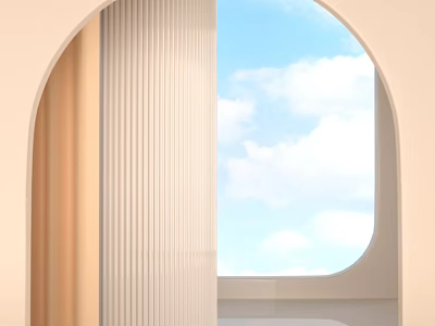 Bright Minimalist Interior With Archway Striped Curtains Arched Window And Blue Sky White Clouds 3d model