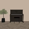 Classic Black Piano With Wooden Stool And Green Plant In Light Wall Herringbone Floor Room