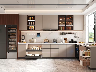 Modern Open Kitchen Interior With Marble Countertop Wooden Cabinets And Appliances 3d model