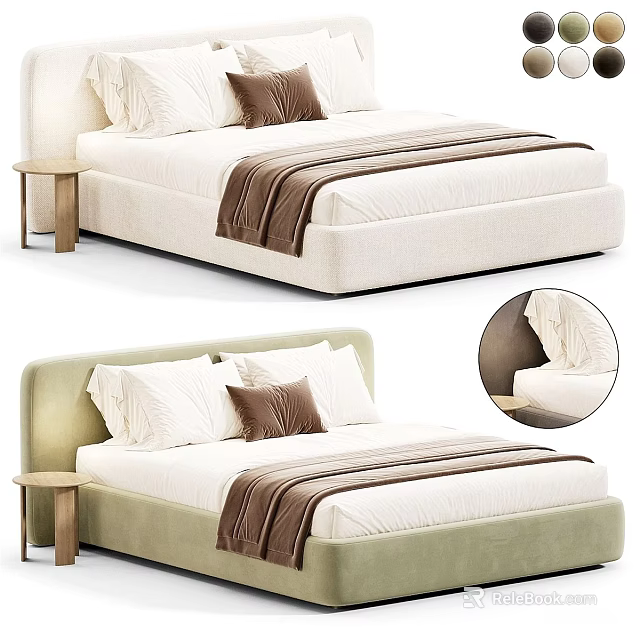 Modern Upholstered Double Bed With Beige Frame White Mattress And Brown Blanket 3d model 