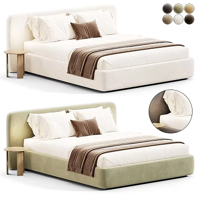 Modern Upholstered Double Bed With Beige Frame White Mattress And Brown Blanket 3d model