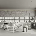 Modern Tea Room Interior With Stone Wall Display Shelves Teaware Tables Chairs And Lighting