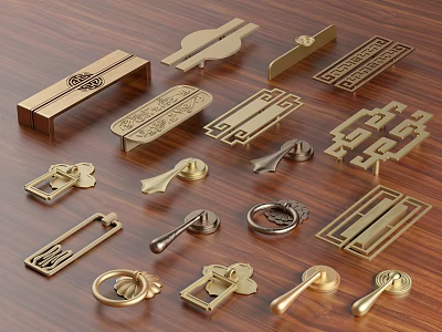 Various Golden Brass Cabinet Handles With Intricate Designs On Wooden Background 3d model