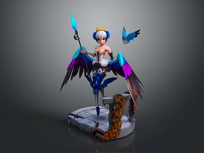 Game Movie Character With Colorful Wings Crown And Blue Bird On Stone Platform 3d model