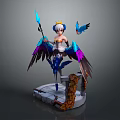 Game Movie Character With Colorful Wings Crown And Blue Bird On Stone Platform