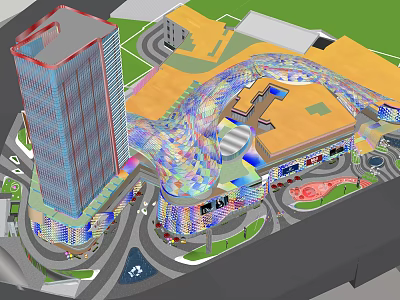 Modern Commercial Landscape Design With Tall Building Shopping Complex And Glass Facade 3d model