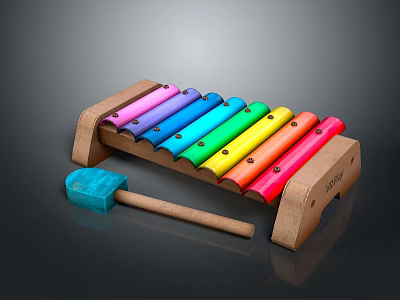 Colorful Wooden Xylophone with Colorful Keys and Blue Mallet for Kids 3d model