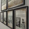 Vintage Landscape Paintings of Roman Ancient Architecture With Newspaper Text Background and Black Frames