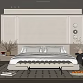 Modern Bedroom Interior With Beige Walls Tufted Bed Roller Blinds Patterned Rug And Decorative Vases
