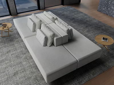 Light Gray Sectional Sofa With Decorative Pillows On Gray Area Rug In Modern Living Room 3d model