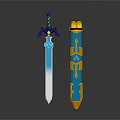 Fantasy Swords with Blue Blades Gold Accents and Decorative Hilts 3D Rendered Design