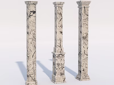 Three Cracked Textured Marble Columns With Classical Patterned Surface Decorative Elements 3d model
