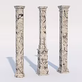 Three Cracked Textured Marble Columns With Classical Patterned Surface Decorative Elements